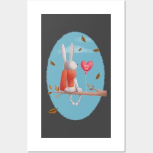 Miss you! Cute rabbit sitting in a tree thinking of his love in the autumn Posters and Art
